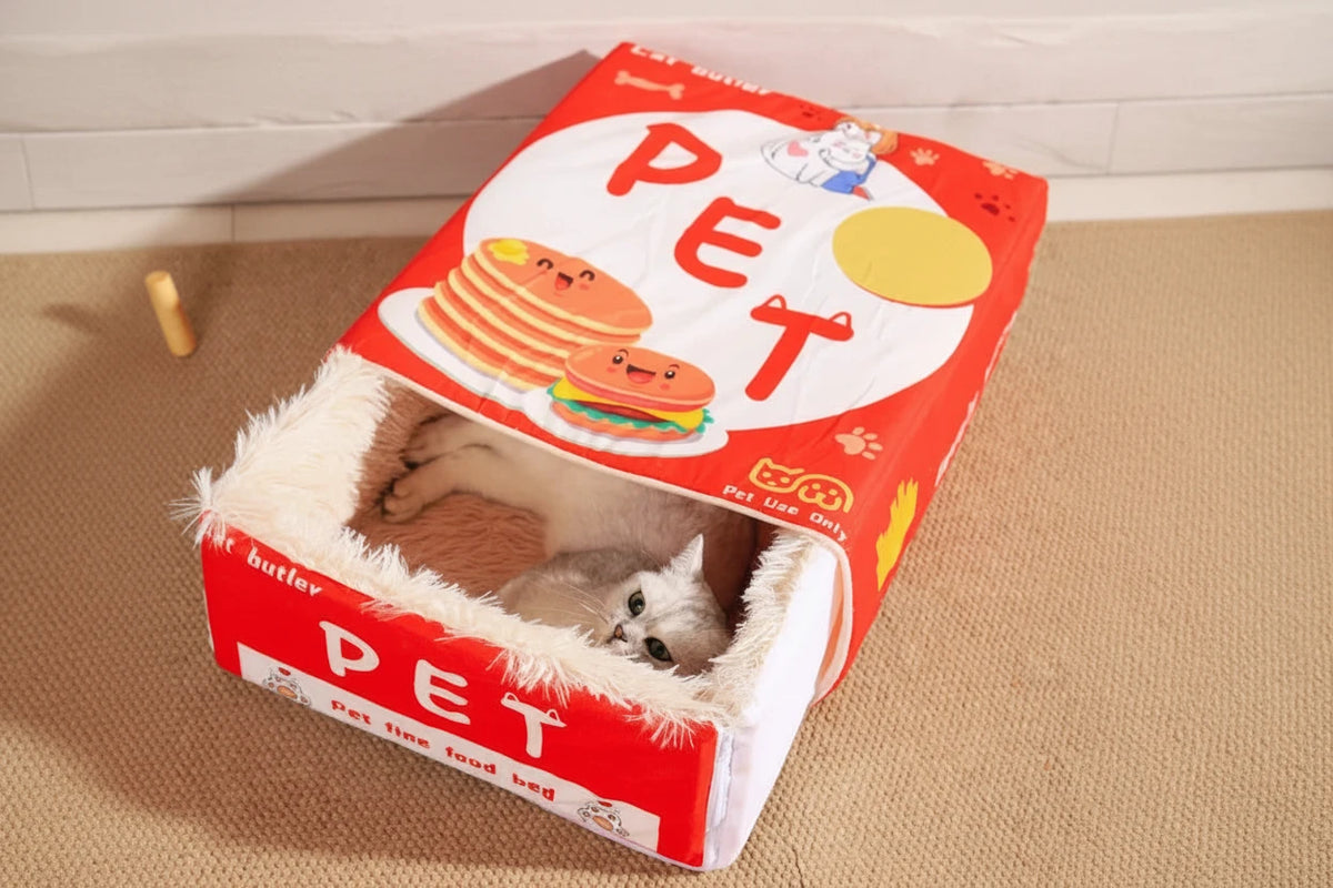 Biscuit Box Cat Cave Bed | Enclosed Plush House with Pull-Out Mat