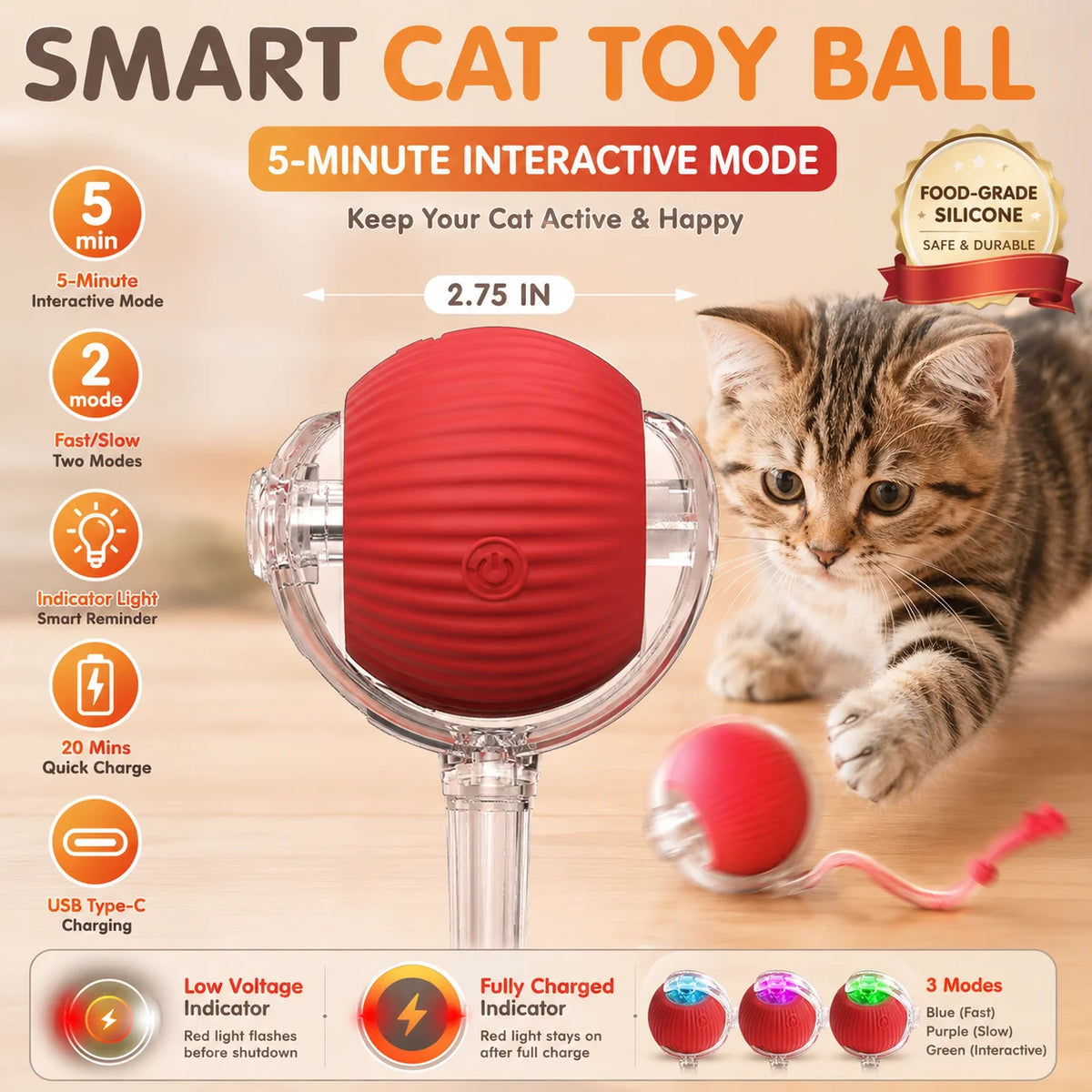 Automatic Rolling Ball Cat Toy | USB Rechargeable | 3 Speed Modes