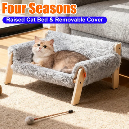 Elevated Cat Sofa Bed with Wooden Legs & Plush Cushion