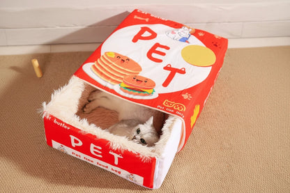 Biscuit Box Cat Cave Bed | Enclosed Plush House with Pull-Out Mat
