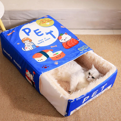 Biscuit Box Cat Cave Bed | Enclosed Plush House with Pull-Out Mat