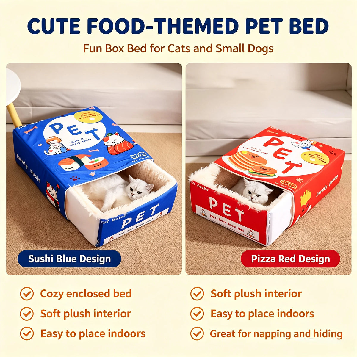 Biscuit Box Cat Cave Bed | Enclosed Plush House with Pull-Out Mat