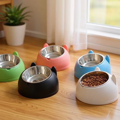 Elevated Stainless Steel Cat Bowl with Cute Ear Stand & Neck Protection