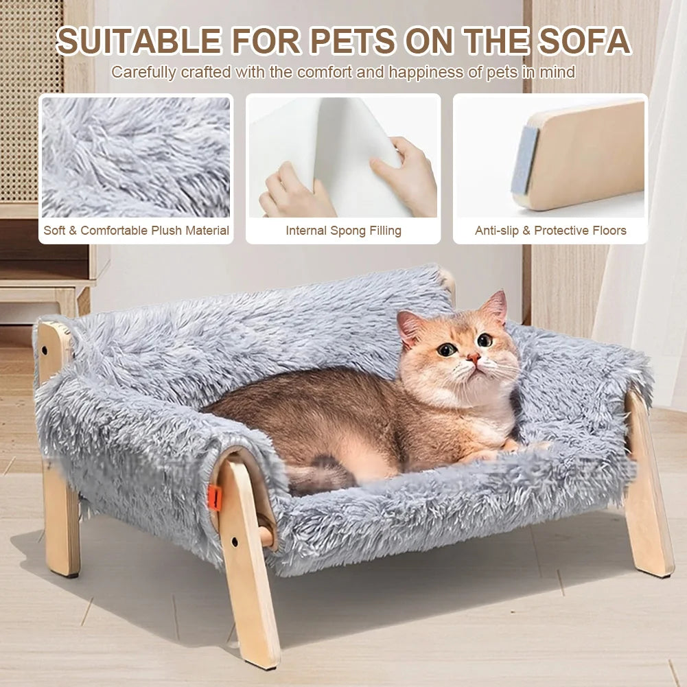 Elevated Cat Sofa Bed with Wooden Legs & Plush Cushion