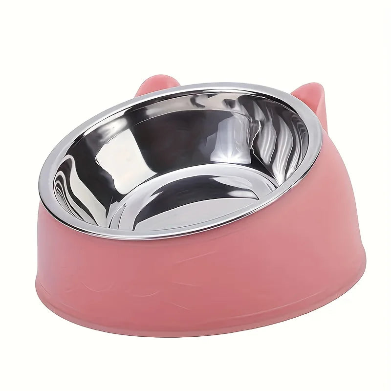 Elevated Stainless Steel Cat Bowl with Cute Ear Stand & Neck Protection