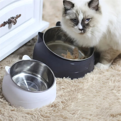 Elevated Stainless Steel Cat Bowl with Cute Ear Stand & Neck Protection