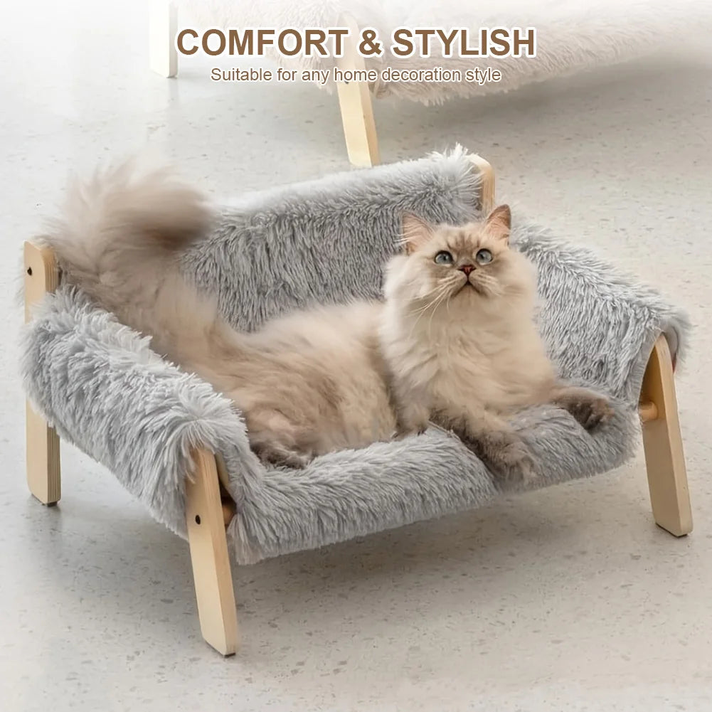Elevated Cat Sofa Bed with Wooden Legs & Plush Cushion
