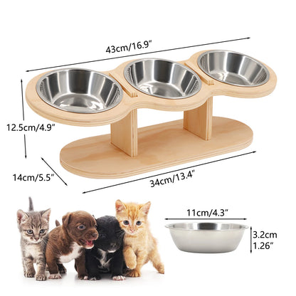 Elevated Cat Bowls with Wood Stand & 3 Stainless Steel Bowls