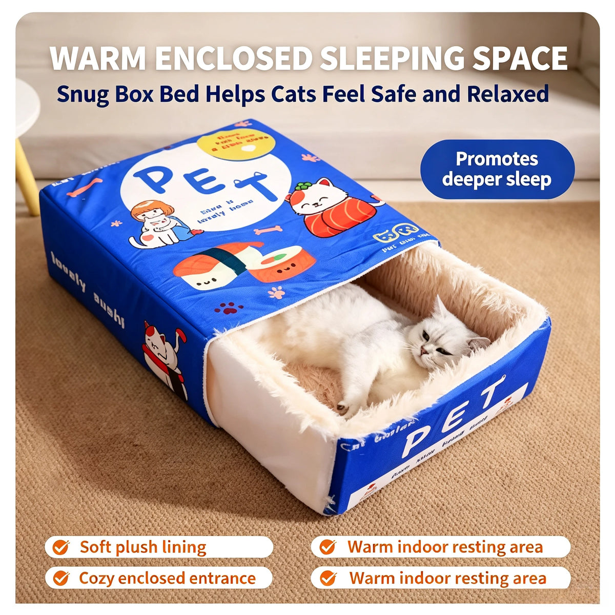 Biscuit Box Cat Cave Bed | Enclosed Plush House with Pull-Out Mat
