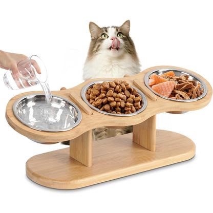 Elevated Cat Bowls with Wood Stand & 3 Stainless Steel Bowls