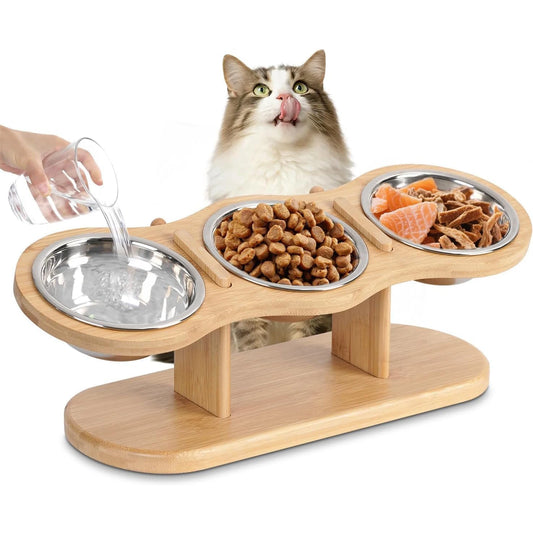 Elevated Cat Bowls with Wood Stand & 3 Stainless Steel Bowls