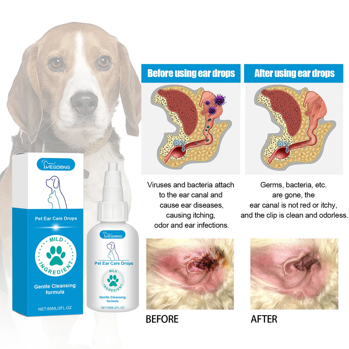 Pet Ear Care Drops for Cats & Dogs – 60ml